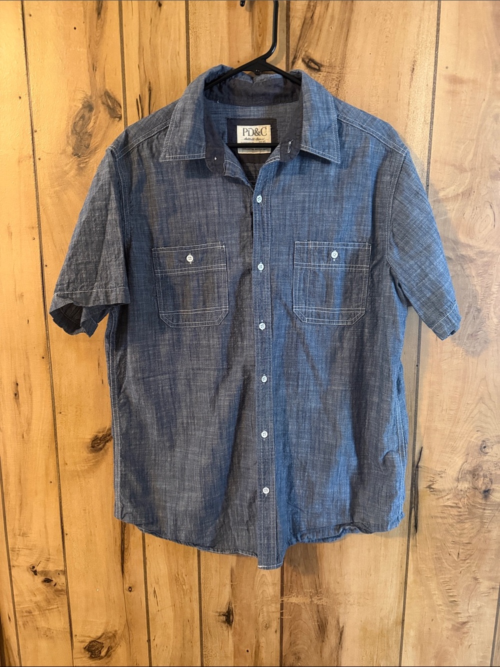 PD&C Men's Casual Short-Sleeve Button-Down Shirt in Blue Chambray